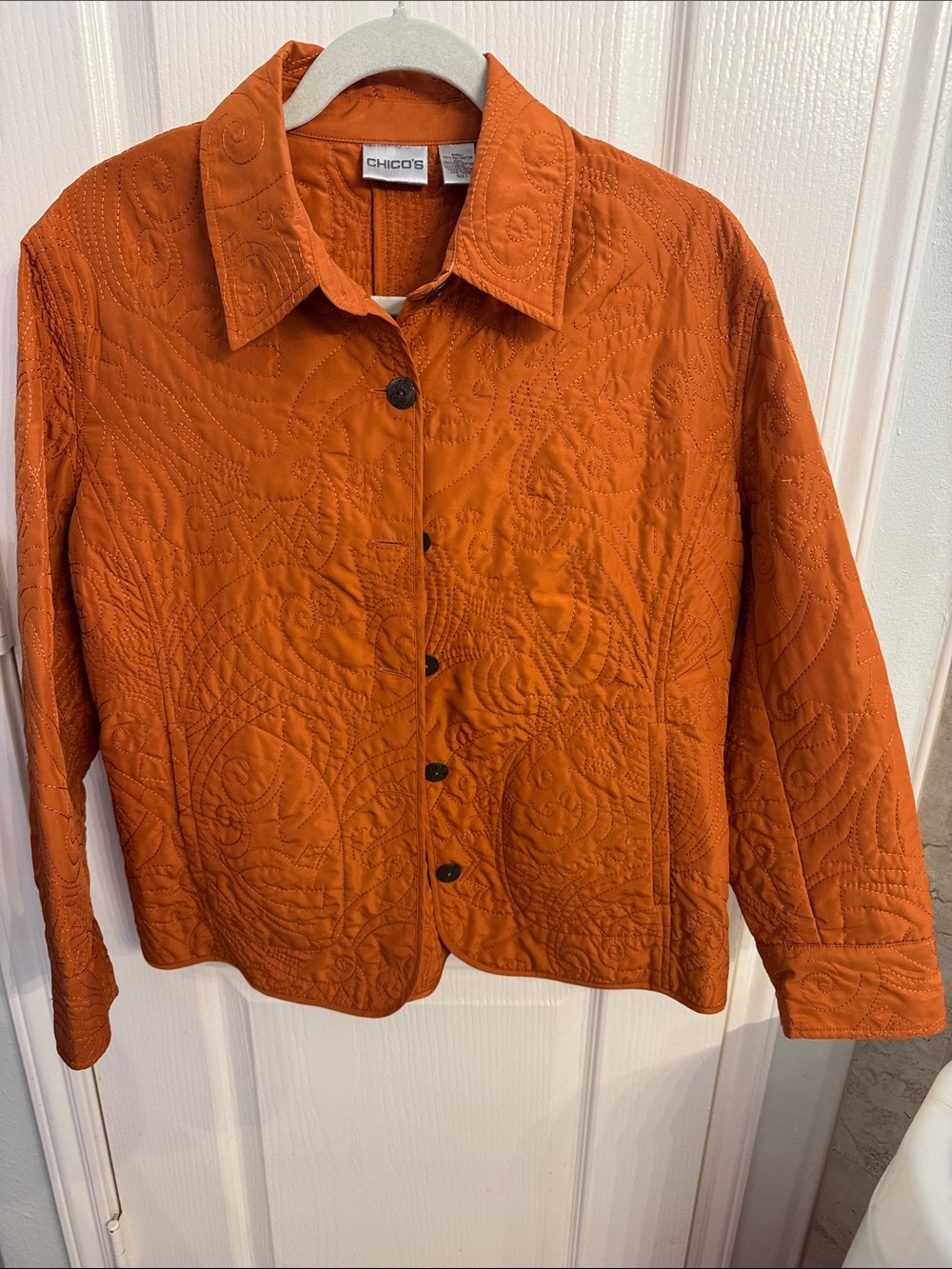 Chico's Quilted Pumpkin-Orange Button Front Jacket